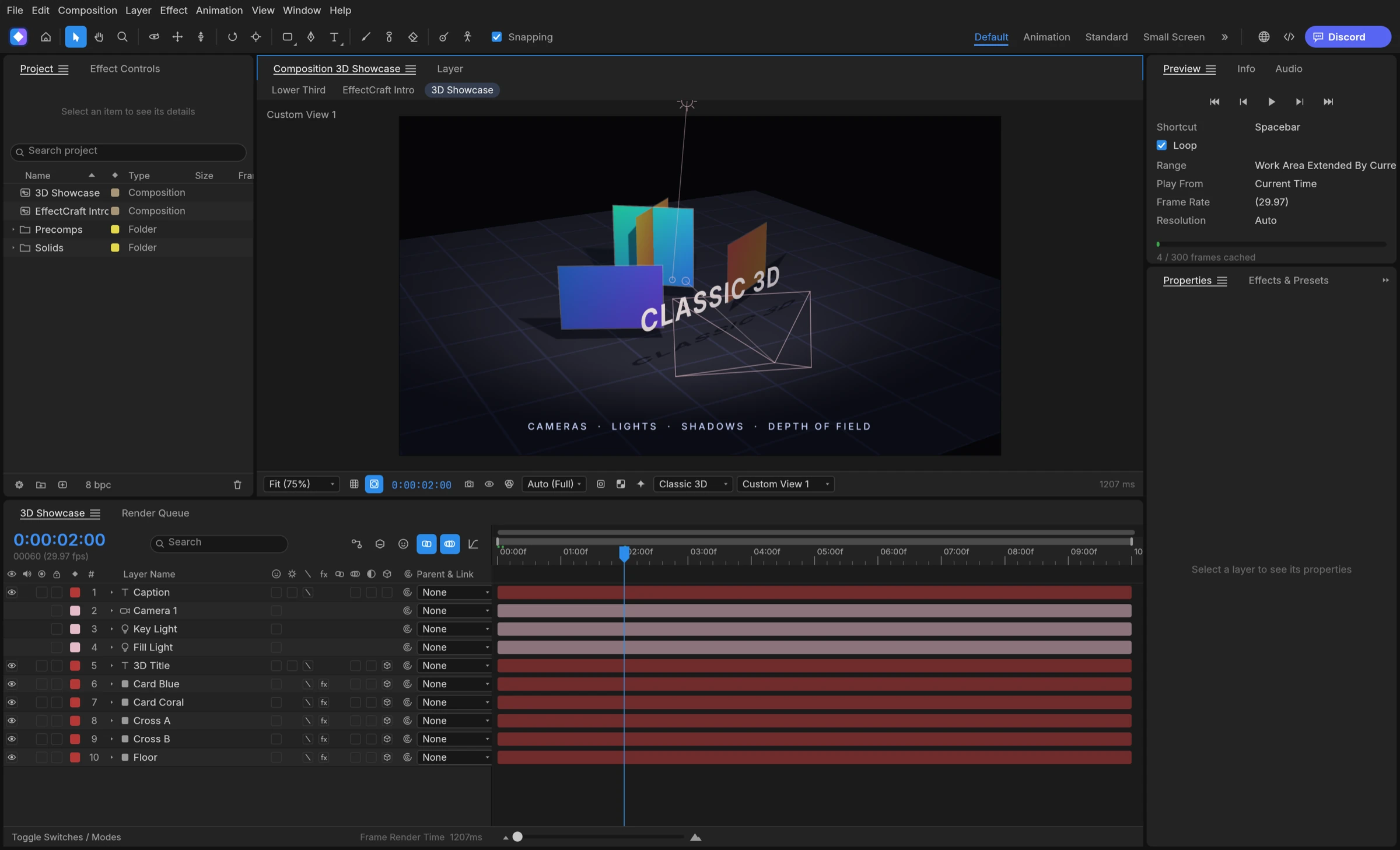EffectCraft interface showing the official 3D Showcase demo with layered 3D shapes, camera, lights, and a timeline
