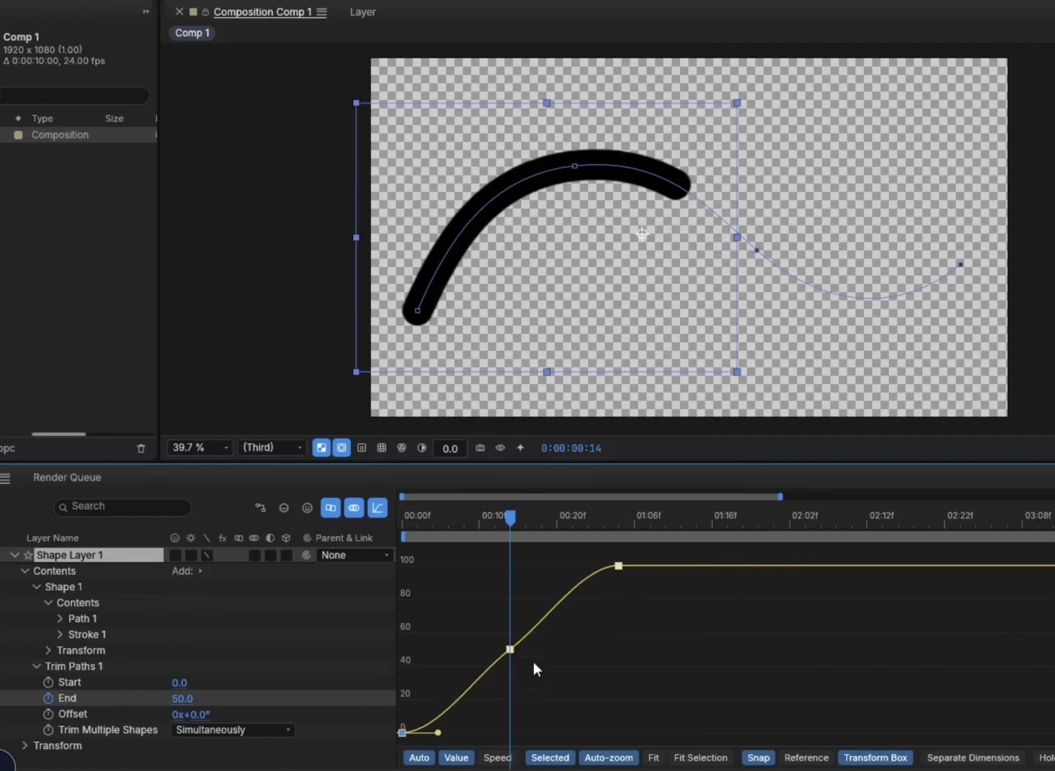 EffectCraft Graph Editor showing an eased keyframe curve for the End property of a shape layer's Trim Paths effect