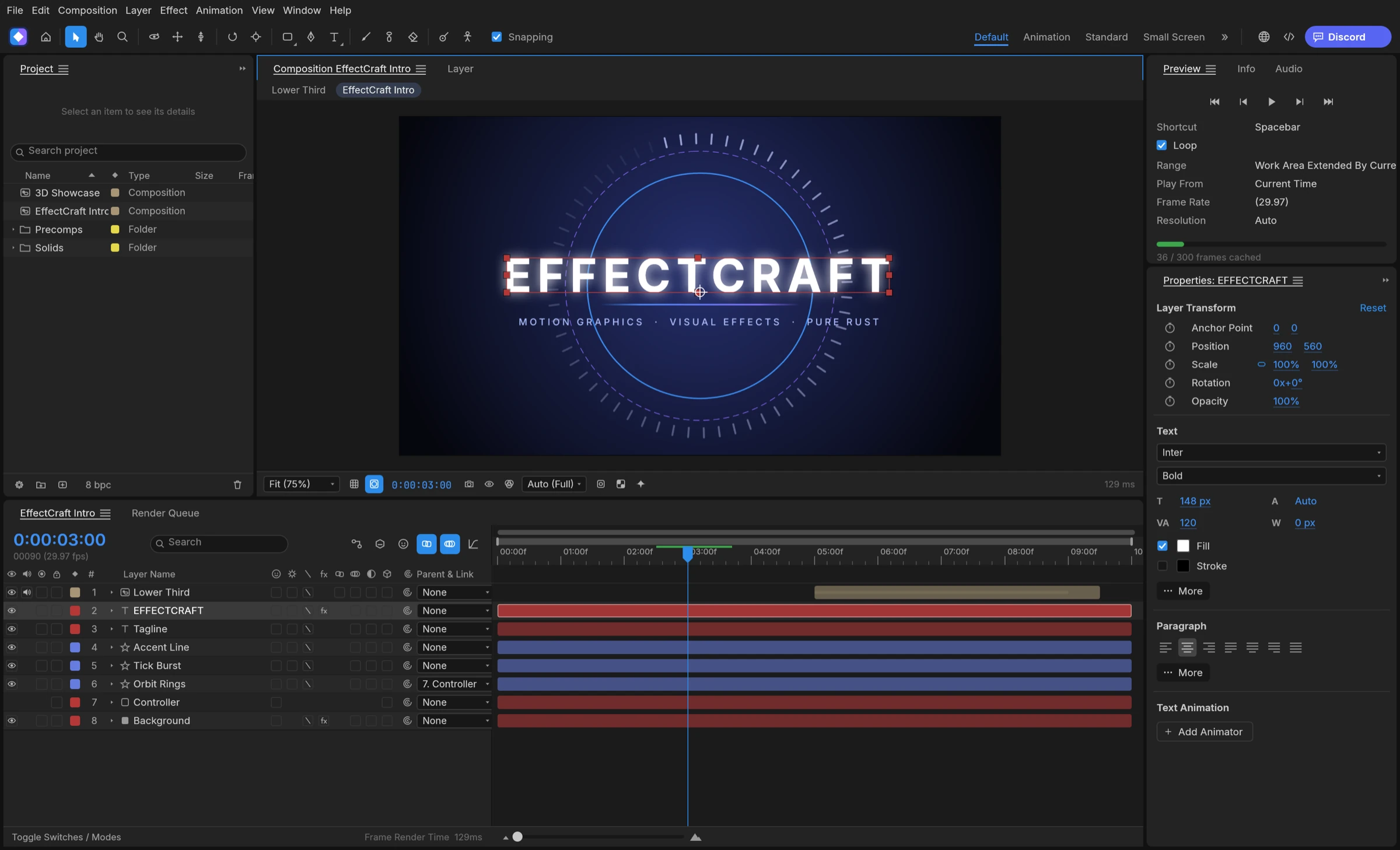 EffectCraft main window showing the EffectCraft Intro demo composition, selected text layer, Project panel, Timeline, and Properties panel